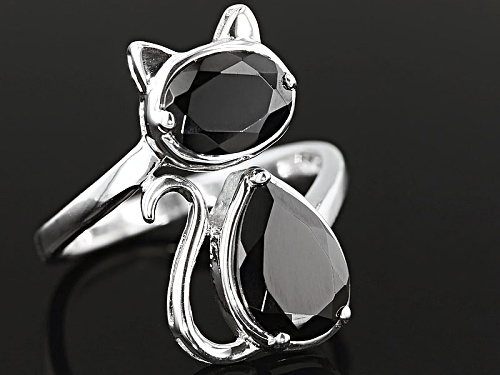1.33ct Oval And 2.03ct Pear Shape Black Spinel Rhodium Over Sterling Silver Cat Ring - Size 8