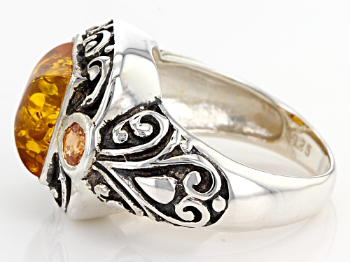 1.10ct Rectangular Cabochon Amber And .54ctw Round Mandarin Sterling Silver Ring - Size 6