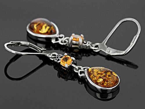 .54ctw Round Spessartite And 10x7mm Pear Shape Amber Sterling Silver Leverback Earrings
