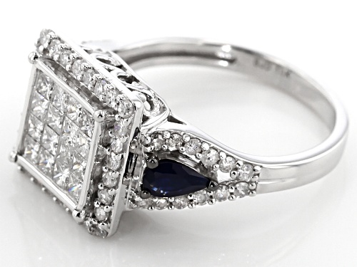 1.16ctw Round & Princess Cut White Diamond With .49ctw Pear Shaped Blue Sapphire 10k White Gold Ring - Size 10
