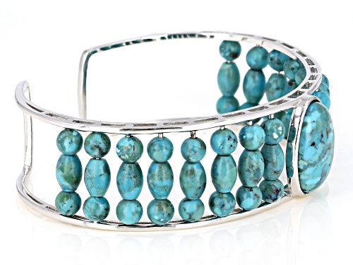 18X13MM OVAL CABOCHON WITH ROUND AND BARREL SHAPE BEAD TURQUOISE RHODIUM OVER SILVER CUFF BRACELET - Size 8