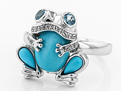 SLEEPING BEAUTY TURQUOISE, .33CTW SWISS BLUE TOPAZ AND WHITE ZIRCON RHODIUM OVER SILVER FROG RING - Size 8