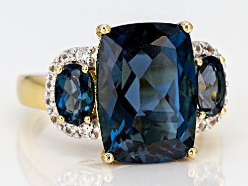 7.90ctw London Blue Topaz with .26ctw White Zircon 18k Gold Over Silver 3-Stone Ring - Size 8