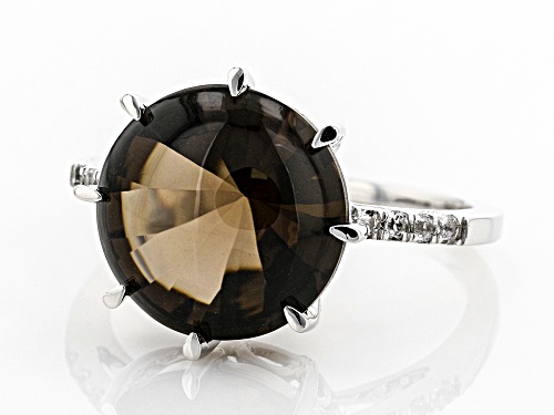 5.25CT ROUND BUFF TOP SMOKY QUARTZ AND .12CTW ROUND WHITE TOPAZ RHODIUM OVER STERLING SILVER RING - Size 8