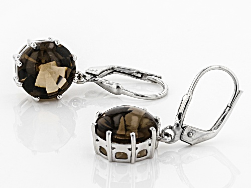6.00CTW ROUND BUFF TOP SMOKY QUARTZ SOLITAIRE RHODIUM OVER STERLING SILVER DANGLE EARRINGS