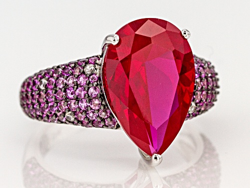 5.68CT LAB RUBY, .84CTW LAB PINK SAPPHIRE & .05CTW WHITE ZIRCON RHODIUM OVER SILVER RING - Size 8