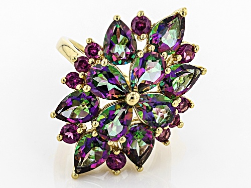 6.80ctw Pear Shape Green Mystic Topaz® with .96ctw Rhodolite Garnet 18k Gold Over Silver Ring - Size 5