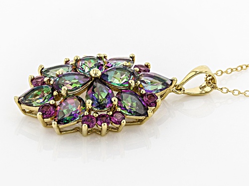 6.80ctw Green Mystic Topaz® with .96ctw Rhodolite Garnet 18k Gold Over Silver Pendant with Chain