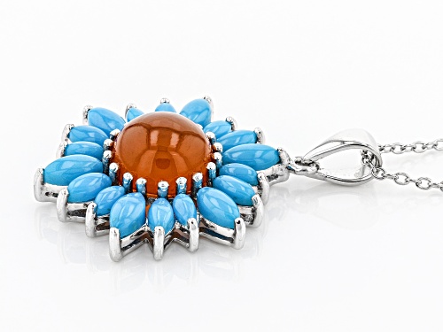 10MM ROUND RED CARNELIAN & MARQUISE TURQUOISE RHODIUM OVER SILVER PENDANT W/ CHAIN