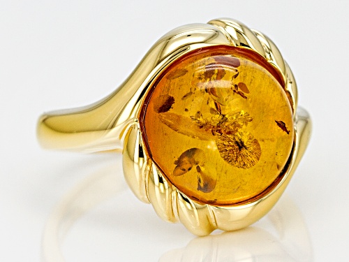 12MM ROUND CABOCHON AMBER 18K YELLOW GOLD OVER SILVER SOLITAIRE RING - Size 10