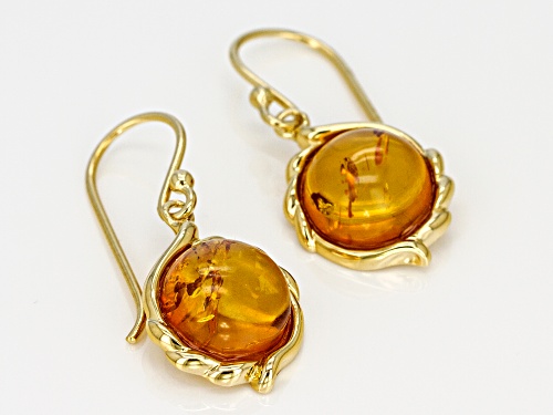 10MM ROUND CABOCHON AMBER 18K YELLOW GOLD OVER SILVER EARRINGS