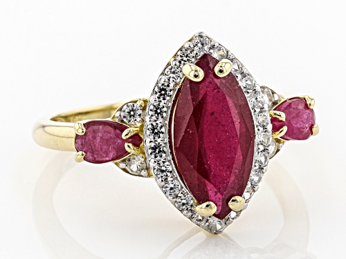 3.28ctw Marquise And Pear Shape Mahaleo® Ruby With .42ctw Round White Zircon 10k Yellow Gold Ring - Size 5