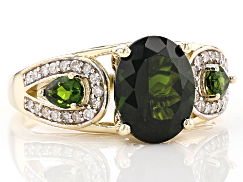 3.07ctw Oval And Pear Shape Russian Chrome Diopside With .14ctw White Diamonds 10k Yellow Gold Ring - Size 6