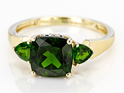 2.47ctw Square Cushion & Trillion Russian Chrome Diopside, .05ctw Round White Zircon 10k Gold Ring - Size 6
