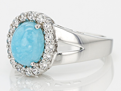 9x7mm Oval Blue Peruvian Hemimorphite With .46ctw Round White Zircon Sterling Silver Ring - Size 7