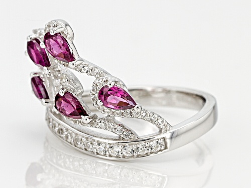 1.32ctw Pear Shape Raspberry Color Rhodolite And .52ctw Round White Zircon Sterling Silver Ring - Size 8