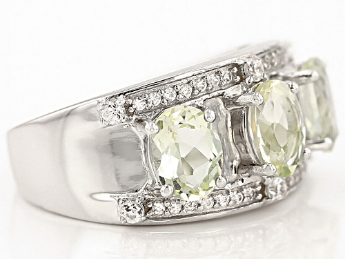 1.87ctw Oval Green Beryl With .27ctw Round White Zircon Sterling Silver 3-Stone Band Ring - Size 7