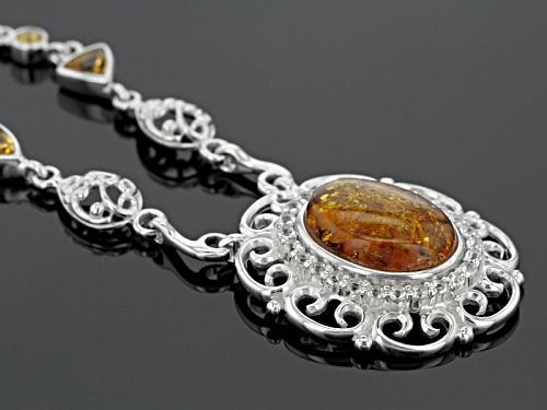 16x12mm Oval Orange Amber With .64ctw White Topaz And 1.06ctw Citrine Sterling Silver Necklace - Size 18