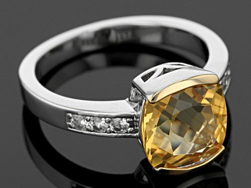3.06ct Square Cushion Brazilian Golden Citrine With .30ctw Round White Zircon Sterling Silver Ring - Size 11
