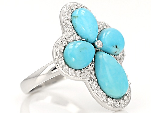 12x8mm And 9x6mm Pear Shape Cabochon Turquoise With .84ctw Round White Zircon Silver Cross Ring - Size 6
