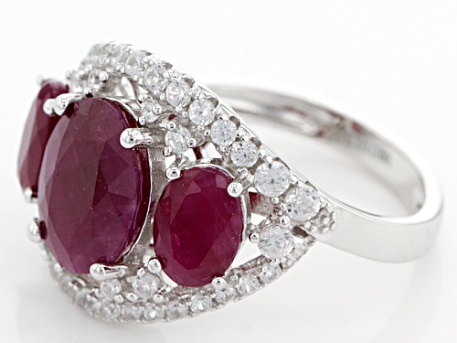 4.67ctw Oval Indian Ruby And .73ctw Round White Zircon Sterling Silver 3-Stone Ring - Size 11