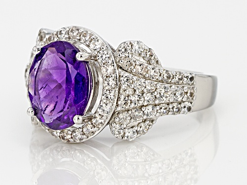 2.17ct Oval African Amethyst And 1.89ctw Round White Zircon Sterling Silver Ring - Size 10