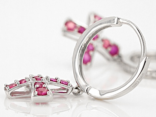 1.32ctw Round Mozambique Ruby With .13ctw Round White Zircon Cross Sterling Silver Hoop Earrings