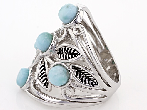 5mm Round Blue Larimar Sterling Silver 6-Stone Leaf Detail Ring - Size 6