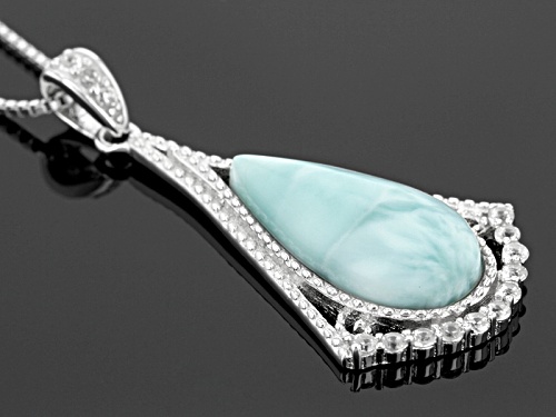 18x9mm Pear Shape Cabochon Larimar With .24ctw Round White Zircon Sterling Silver Pendant With Chain