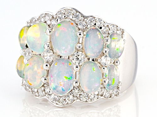 2.42ctw Oval Ethiopian Opal With .82ctw Round White Zircon Rhodium Over Sterling Silver Ring - Size 6