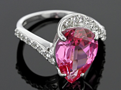 5.66ct Pear Shape Lab Created Pink Sapphire With .32ctw Round White Topaz Sterling Silver Ring - Size 10