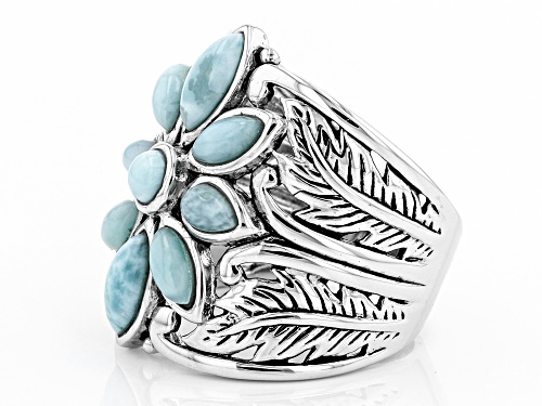 Marquise and Round Cabochon Larimar Sterling Silver Flower Ring - Size 7