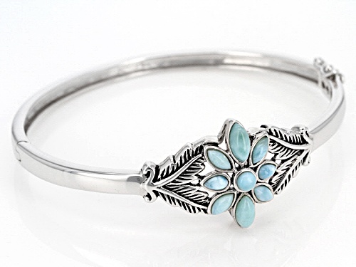 Marquise and Round Cabochon Larimar Flower Sterling Silver Hinged Bangle Bracelet - Size 7.25
