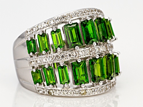 2.96CTW BAGUETTE RUSSIAN CHROME DIOPSIDE WITH .55CTW ROUND ZIRCON STERLING SILVER BAND RING - Size 6