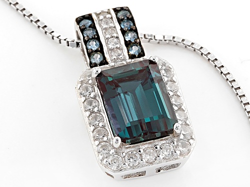1.75CT LAB ALEXANDRITE, .06CTW LAB BLUE SPINEL AND .38CTW WHITE ZIRCON SILVER PENDANT WITH CHAIN
