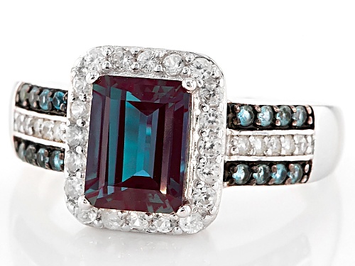 1.75CT EMERALD CUT LAB ALEXANDRITE WITH .12CTW LAB BLUE SPINEL AND .41CTW WHITE ZIRCON SILVER RING - Size 7