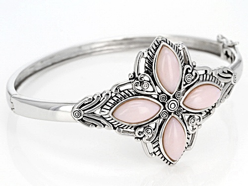 14x7mm Marquise Cabochon Peruvian Pink Opal Sterling Silver 4-Stone Hinged Bangle Bracelet - Size 8