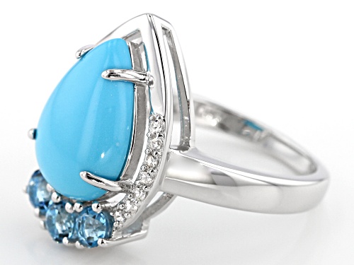 14x10mm Sleeping Beauty Turquoise with .72ctw swiss blue topaz, white zircon silver ring - Size 9