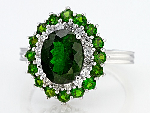 3.80ctw Oval and Round Russian Chrome Diopside With .68ctw  White Zircon Rhodium Over Silver Ring - Size 9