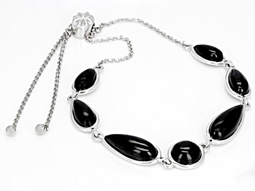 Graduated pear shape & round black spinel sterling silver bolo bracelet adjusts approximately 6