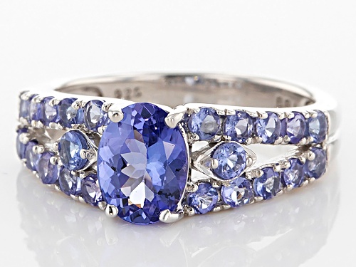 1.78CTW ROUND AND OVAL TANZANITE SILVER RING - Size 11