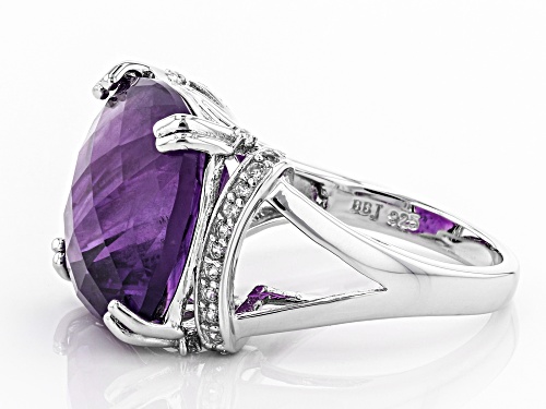 15.24CT SQUARE CUSHION AFRICAN AMETHYST WITH .28CTW ROUND WHITE ZIRCON RHODIUM OVER SILVER RING - Size 8