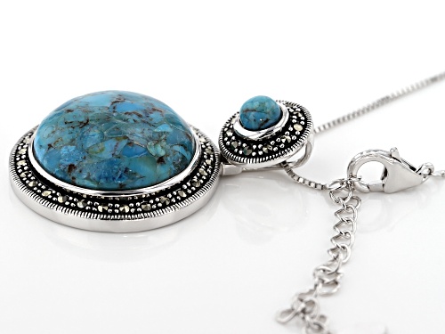 20MM & 5MM ROUND TURQUOISE WITH ROUND MARCASITE RHODIUM OVER SILVER PENDANT W/CHAIN