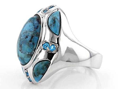 OVAL & CRESCENT TURQUOISE WITH .27CTW ROUND NEON APATITE RHODIUM OVER SILVER RING - Size 6