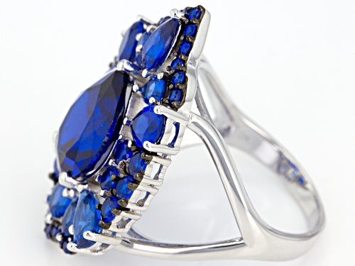 7.76CTW PEAR SHAPE AND ROUND LAB CREATED BLUE SPINEL RHODIUM OVER SILVER RING - Size 5
