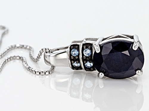 3.79CT OVAL BLUE SAPPHIRE AND .12CTW ROUND LAB CREATED BLUE SPINEL SILVER PENDANT WITH CHAIN