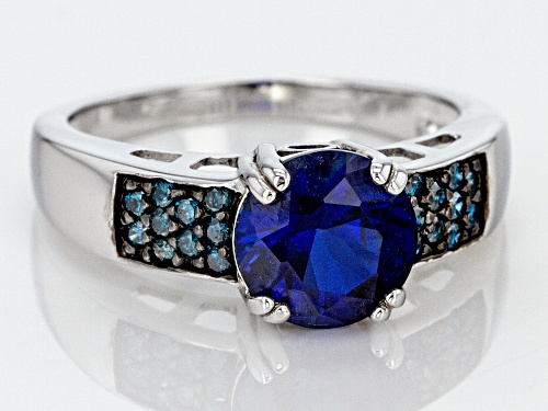 2.24CT ROUND LAB CREATED BLUE SAPPHIRE WITH .15CTW ROUND BLUE DIAMONDS STERLING SILVER RING - Size 8