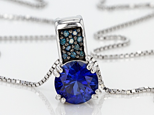2.24CT ROUND LAB CREATED BLUE SAPPHIRE WITH .08CTW ROUND BLUE DIAMOND SILVER PENDANT WITH CHAIN