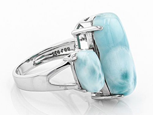 20X10MM AND 10X5MM CUSHION CABOCHON LARIMAR RHODIUM OVER SILVER 3-STONE RING - Size 7