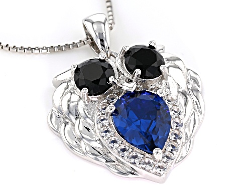 2.67CTW LAB BLUE SPINEL, BLACK SPINEL AND  WHITE TOPAZ RHODIUM OVER SILVER OWL PENDANT WITH CHAIN